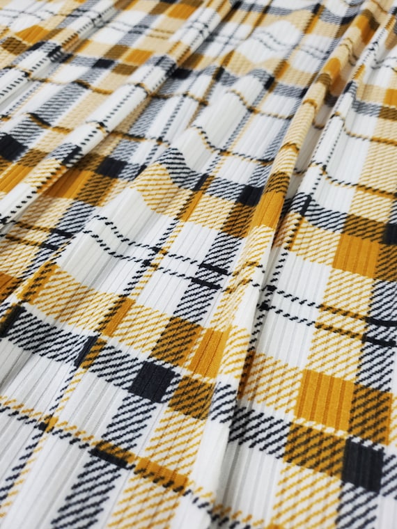 Ribbed Knit Fabric, Yellow/Charcoal Plaid Print, Poly Spandex Blend,