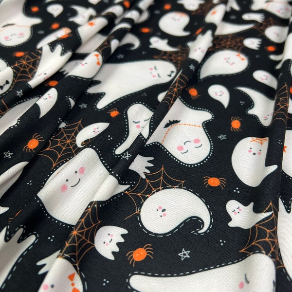 Double Brushed Poly, DBP Fabric, Halloween Print, Happy Ghosts on Black Base, Fabric by the 1/2 Yard, Yard, or Sample, 4 Way Stretch