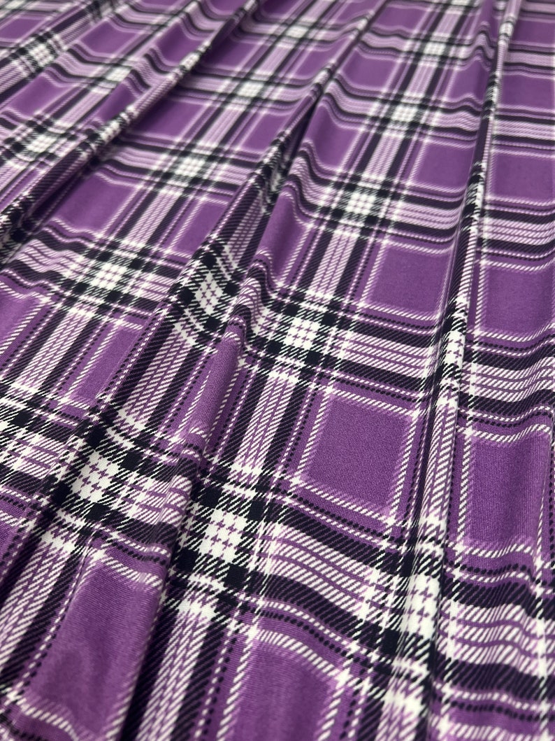 Double Brushed Poly, Purple/White/Black Plaid Print, Polyester Spandex Blend, Fabric by the 1/2 Yard, Yard, or Sample, 4 Way Stretch image 4