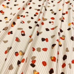 Rib Knit Fabric, Orange/Brown/Yellow Abstract Polka Dot Print w/ Tan Base, 4x2 Rib, Fabric by the 1/2 Yard, Yard, Sample, 4 Way Stretch