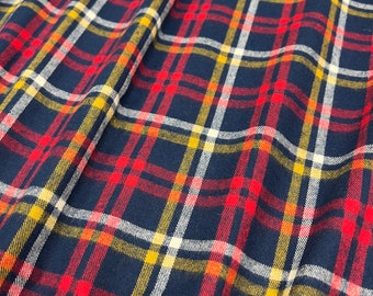 Plaid Flannel Fabric, Navy/Red/Yellow/White Plaid, Medium Weight, Single Sided Brushed
