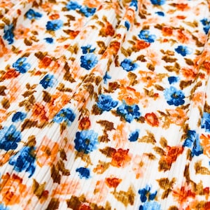 Rib Knit Fabric, Vintage Floral Print, Shades of Blue/Caramel/Pink, Poly Spandex, Fabric by the 1/2 Yard, Yard, Sample, 4 Way Stretch