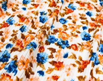 Ribgebreide stof: Vintage bloemenprint, tinten blauw/karamel/roze, 180 g/m²