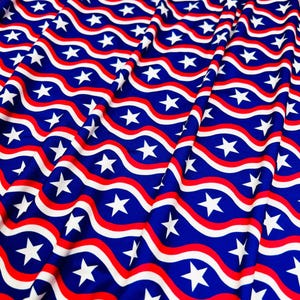Double Brushed Poly, Red/White/Blue, Stars and Wavy Stripes, American Flag, 4th of July Print