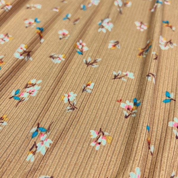 Rib Knit Fabric, Ditsy Pink/Blue Floral Print w/ Light Brown Base, 4x2 Rib, Fabric by the 1/2 Yard, Yard, Sample, 4 Way Stretch