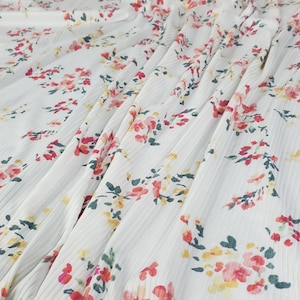 Ribbed Knit Fabric, Pink/Yellow Ditsy Floral on Ivory Base, 4x2 Rib, Poly Spandex Blend, Fabric by the 1/2 Yard, Yard, Sample, 4 Way Stretch