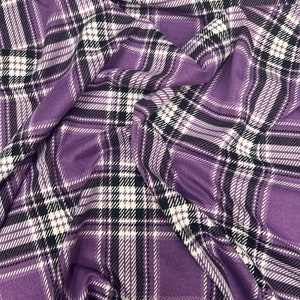 Double Brushed Poly, Purple/White/Black Plaid Print, Polyester Spandex Blend, Fabric by the 1/2 Yard, Yard, or Sample, 4 Way Stretch image 2