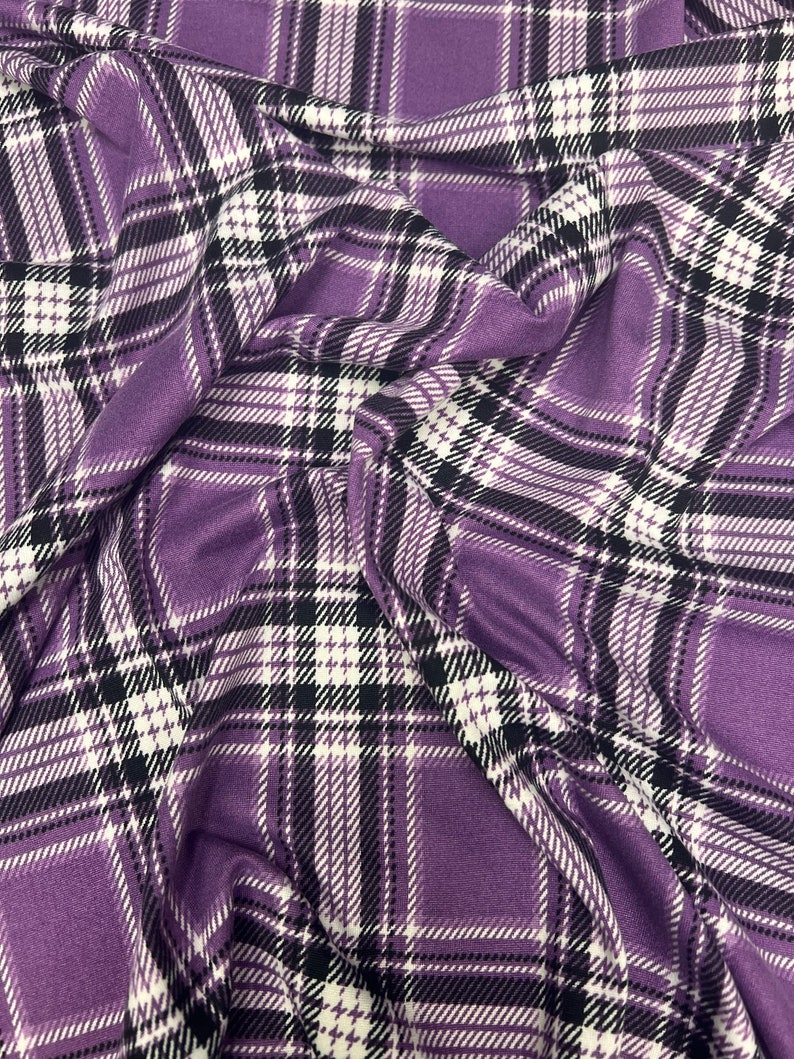 Double Brushed Poly, Purple/White/Black Plaid Print, Polyester Spandex Blend, Fabric by the 1/2 Yard, Yard, or Sample, 4 Way Stretch image 2