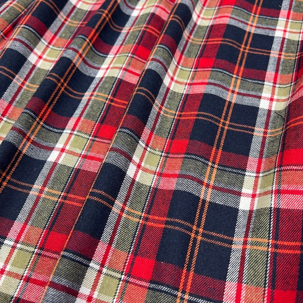 Plaid Flannel Fabric, Navy/Red/Khaki Green Plaid w/ Hints of White and Orange, Medium Weight, Single Sided Brushed, Fabric Cut Continuously