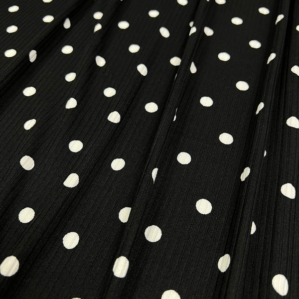 Ribbed Knit Fabric, Black/White Polka Dot Print, 4x2 Rib, Poly Spandex Blend, Fabric by the 1/2 Yard, Yard, Sample, 4 Way Stretch