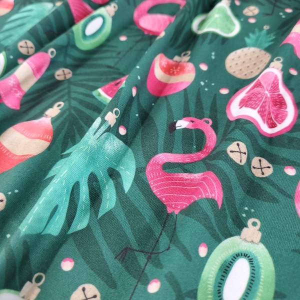 Double Brushed Poly, DBP Fabric, Colorful Tropical Christmas Ornament Print, Fabric by the 1/2 Yard, Yard, or Sample, 4 Way Stretch