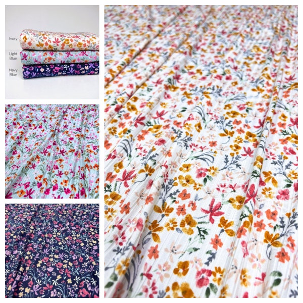 Rib Knit Fabric, 4x2 Rib, Colorful Wildflower Print, 3 Color Ways, Poly/Spandex, 4 Way Stretch, Fabric by the 1/2 Yard, Yard(s), or Sample