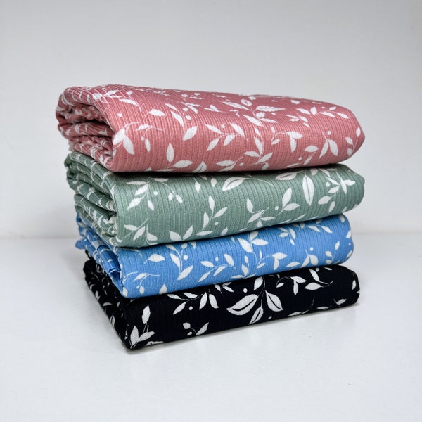 Rib Knit Fabric,4x2, Spring Leaves Print, 4 ColorWays (Pink/Sage/Blue/Black) Poly/Spandex, Fabric by the 1/2 Yard/Yard/Sample, 4 Way Stretch