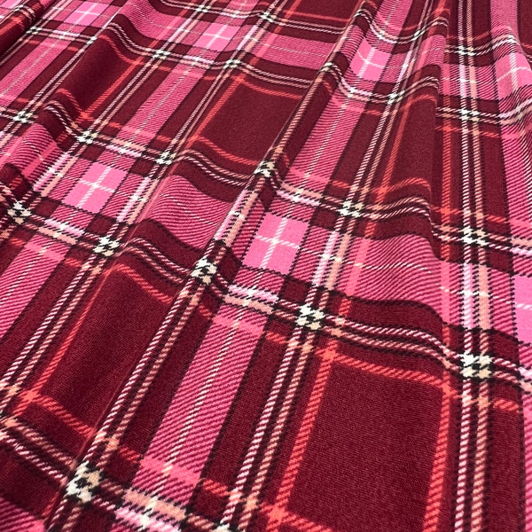 Double Brushed Poly, Burgundy/Pink Plaid Print, Polyester Spandex Blend, Fabric by the 1/2 Yard, Yard, or Sample, 4 Way Stretch