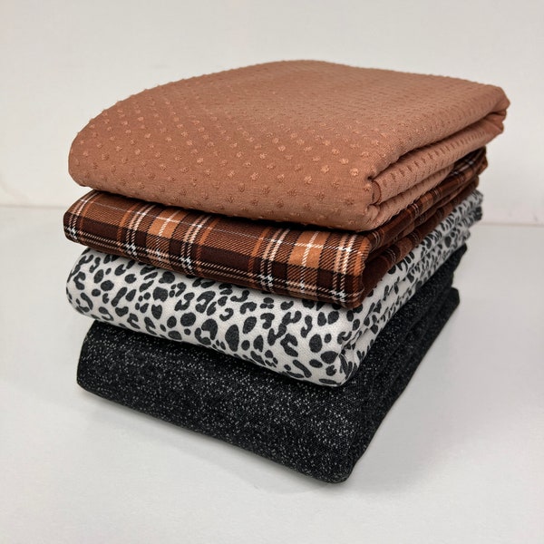 Monday Mix Bundle - Choose Your Yardage - Tawny Swiss Dot, Brown Plaid DBP, Leopard Brushed French Terry, Heather Black Sweatshirt Fleece