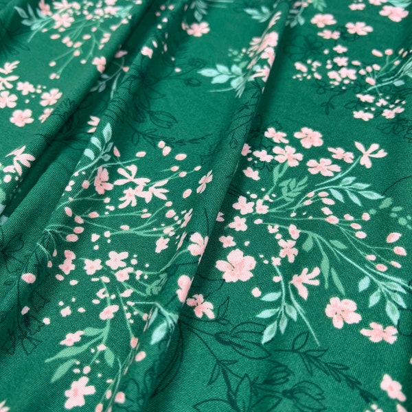 Double Brushed Poly Fabric: Light Pink/Green Scattered Floral, Green Base