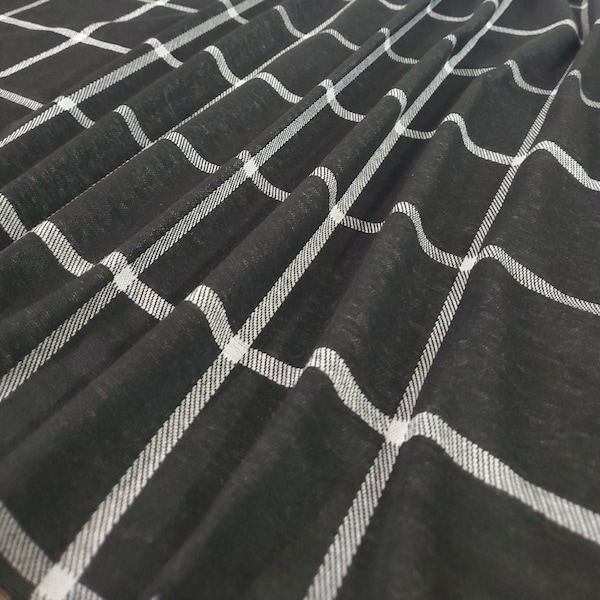 Double Knit Jacquard Fabric, Black/White Windowpane Plaid Print, Fabric by the 1/2 Yard, Yard, or Sample, 2 Way Stretch