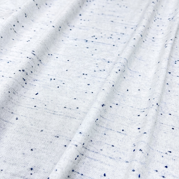 French Terry Knit Fabric, Navy Heathered Sprinkles/White Base, Poly Rayon Blend, Fabric by the 1/2 Yard, Yard, Sample, 2 Way Stretch