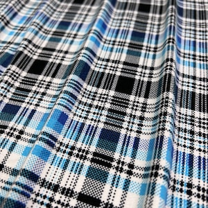 Double Brushed Poly, Blue/White/Black Plaid w/ White Base,
