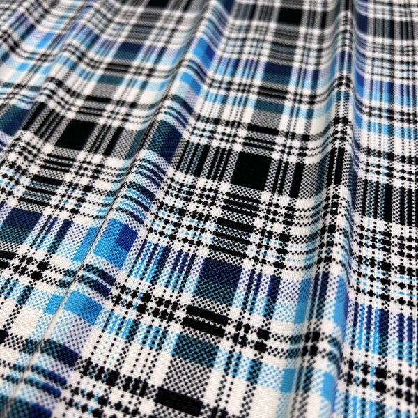 Double Brushed Poly, Blue/White/Black Plaid w/ White Base, Fabric by the 1/2 Yard, Yard, or Sample, 4 Way Stretch