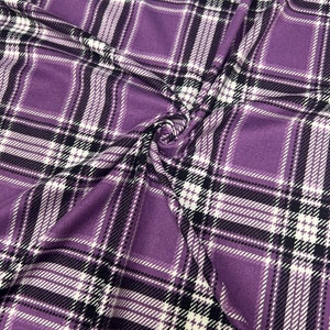 Double Brushed Poly, Purple/White/Black Plaid Print, Polyester Spandex Blend, Fabric by the 1/2 Yard, Yard, or Sample, 4 Way Stretch image 3