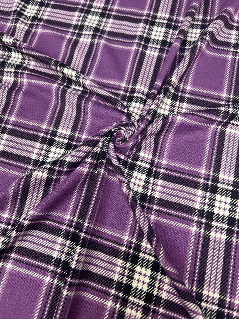 Double Brushed Poly, Purple/White/Black Plaid Print, Polyester Spandex Blend, Fabric by the 1/2 Yard, Yard, or Sample, 4 Way Stretch image 3