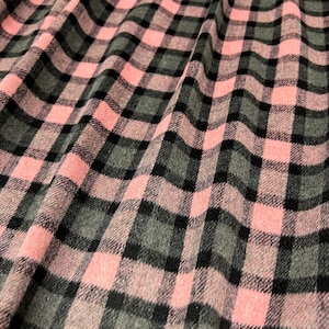 Wool Coating, Heavy Weight Fabric, Charcoal/Pink/Black Plaid Print, 50/50 Wool/Polyester, Fabric by the 1/2 Yard, Yard, Sample, No Stretch