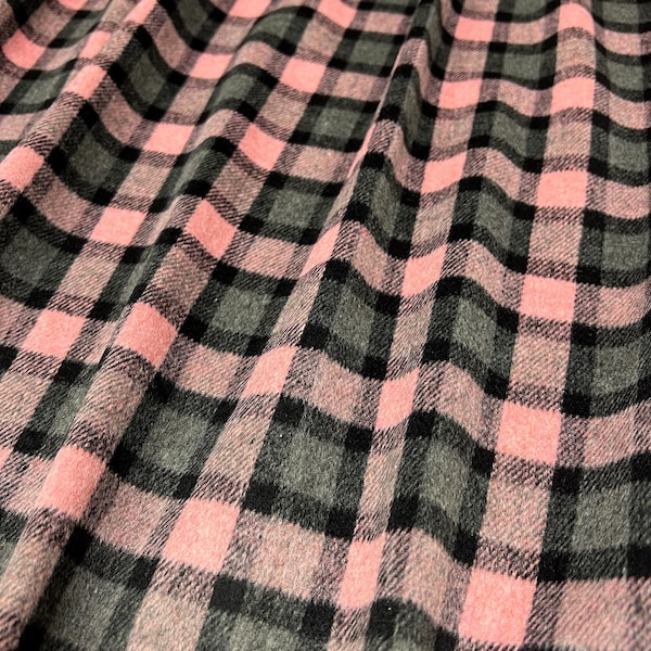 Wool Coating, Heavy Weight Fabric, Charcoal/Pink/Black Plaid Print, 50/50 Wool/Polyester, Fabric by the 1/2 Yard, Yard, Sample, No Stretch
