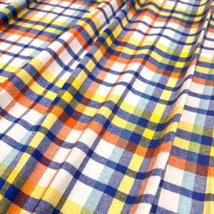 Plaid Flannel Fabric, White/Yellow/Navy/Orange Plaid w/ Hints of Light Blue, Medium Weight, Single Sided Brushed, Fabric Cut Continuously