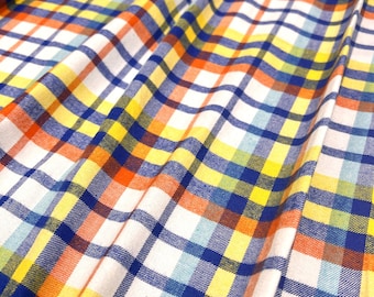 Plaid Flannel Fabric: White/Yellow/Navy/Orange/Light Blue, Medium Weight, Single Sided Brushed