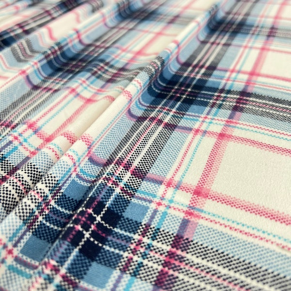 Double Brushed Poly, DBP Fabric, Blue/Pink/Black Plaid on White Base, Fabric by the 1/2 Yard, Yard, or Sample, 4 Way Stretch