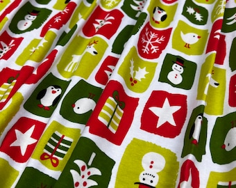 Tessuto in cotone e spandex, maglia jersey, stampa quadrata con amici di Natale,