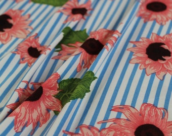 Double Brushed Poly, DBP Fabric, Coral Sunflowers, Blue and White Stripes,