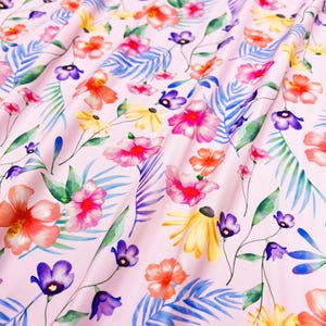 Swimwear/Athletic Knit, Bright Floral Garden w/ Light Pink Base, Nylon Spandex Blend, Fabric by the 1/2 yard, Yard, or Sample, 4 Way Stretch