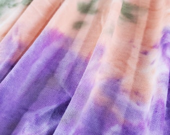 CLEARANCE - French Terry, Knit Fabric, Purple/Peach/Green Tie Dye, Poly Rayon Blend, Fabric by the 1/2 Yard, Yard, 2 Way Stretch