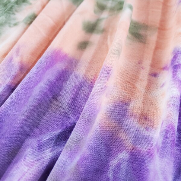 CLEARANCE - French Terry, Knit Fabric, Purple/Peach/Green Tie Dye, Poly Rayon Blend, Fabric by the 1/2 Yard, Yard, 2 Way Stretch