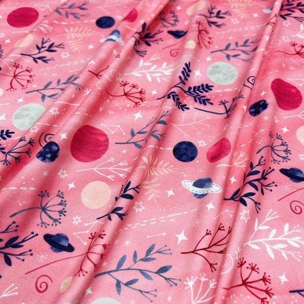 Double Brushed Poly, Planets and Stars and Constellations Print w/ Pink Base, Fabric by the 1/2 Yard, Yard, or Sample, 4 Way Stretch