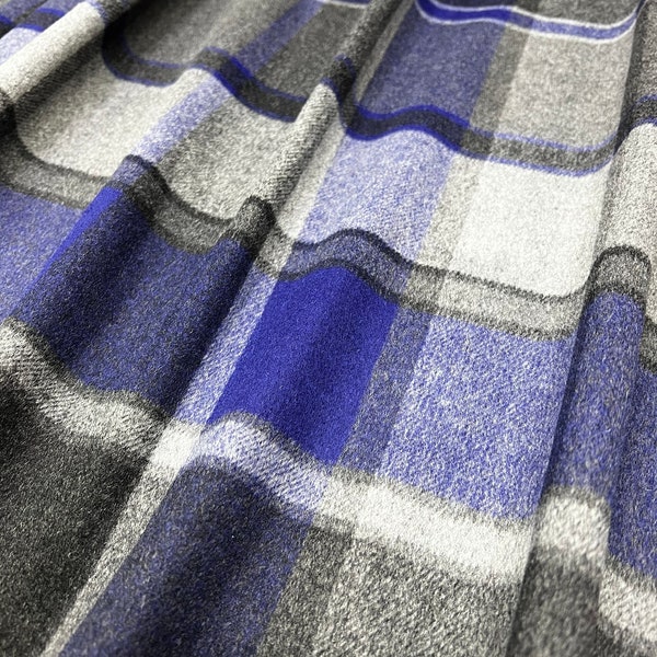 Wool Coating, Heavy Weight Fabric, Charcoal/Grey/Blue Plaid Print, 50/50 Wool/Polyester, Fabric by the 1/2 Yard, Yard, or Sample, No Stretch