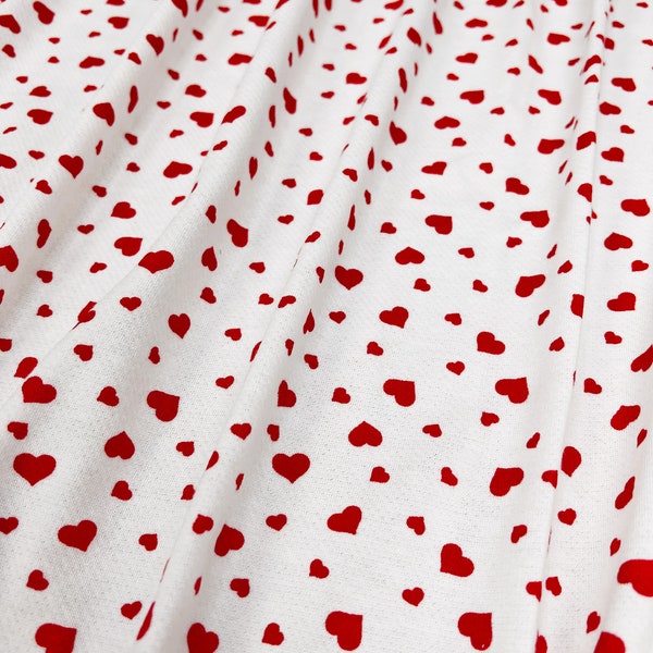 Cotton Pique Spandex Fabric, Jersey Knit, Red Ditsy Hearts on Ivory Base, Fabric by the 1/2 Yard, Yard, or Sample, 4 Way Stretch