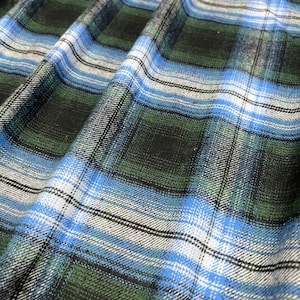 Plaid Flannel Fabric, Light Blue/Green/Black/White, Medium Weight,