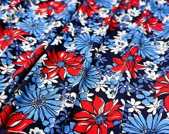 DTY Polyester/Spandex Fabric, Red/White/Blue Stenciled Daisy Floral Print,