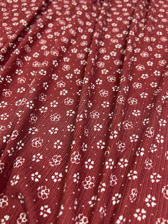 Ribbed Knit Fabric, White Ditsy Floral w/ Burgundy Base, 4x2 Rib, Poly Spandex Blend, Fabric by the 1/2 Yard, Yard, Sample, 4 Way Stretch