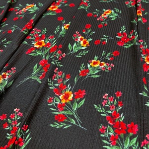 Rib Knit Fabric, Red/Yellow/Green Bouquet Floral Print on Black Base, 4x2 Rib, Fabric by the 1/2 Yard, Yard, Sample, 4 Way Stretch