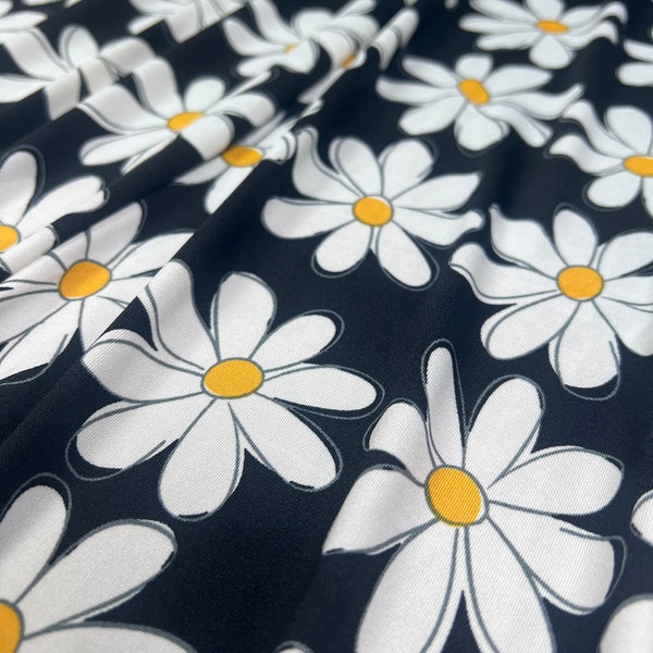 DTY Polyester/Spandex Fabric, Black/White/Yellow Daisy Floral Print, Fabric by the 1/2 Yard, Yard, or Sample, 4 Way Stretch