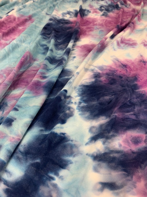 Double Brushed Poly, DBP Fabric, Navy/Baby Blue/Purple Tie Dye Fabric, Poly Blend,