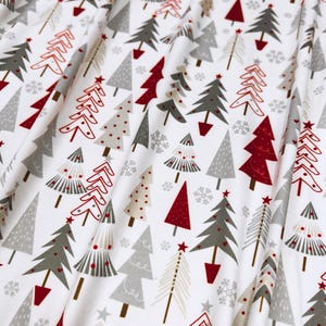Double Brushed Poly, DBP Fabric, Abstract Christmas Trees of Burgundy/Taupe/Grey,