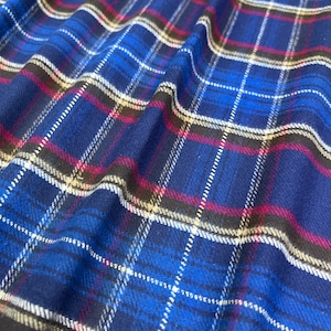 Plaid Flannel Fabric, Blue Plaid w/ Hints of Magenta, Ivory, and Brown, Medium Weight,