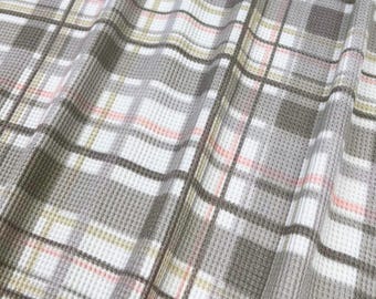 Thermal Knit Fabric, Soft Tone Grey/Pink/Tan Plaid, Poly/Spandex Blend, Fabric by the 1/2 Yard, Yard, Sample, 4 Way Stretch