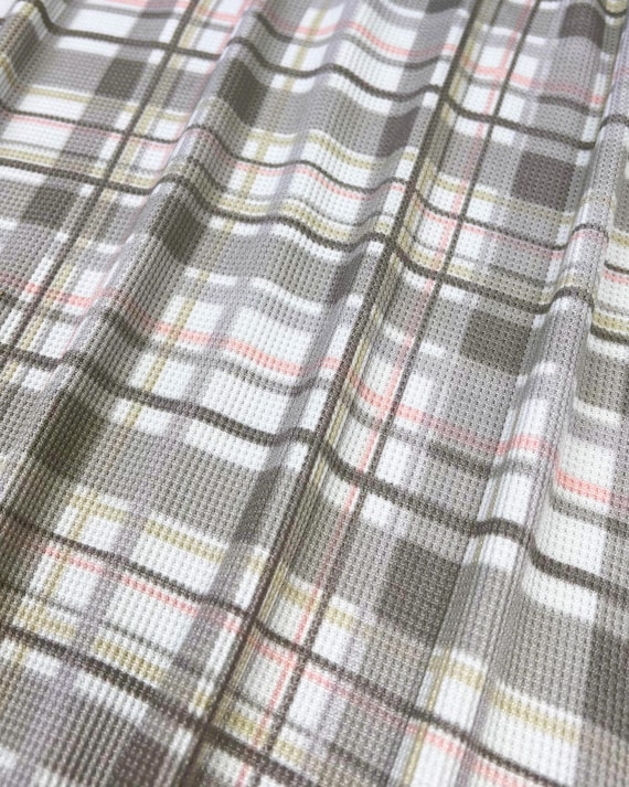 Thermal Knit Fabric, Soft Tone Grey/Pink/Tan Plaid, Poly/Spandex Blend, Fabric by the 1/2 Yard, Yard, Sample, 4 Way Stretch