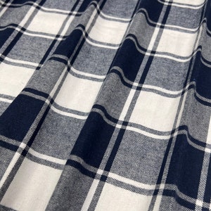 Plaid Flannel Fabric, Navy and White Large Checkered Plaid Print, Medium Weight, Single Sided Brushed, Fabric Cut Continuously
